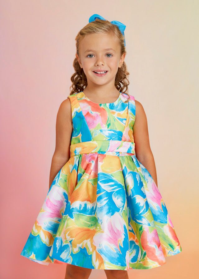 Girls Blue & Orange Floral Satin Dress (Abel & Lula) - CottonKids.ie - Dresses - 11-12 year - 13-14 year - 4 year
