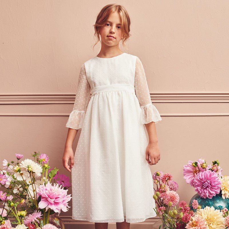 CMMUNION DRESS WITH EMBROIDERED DOTS WITH BINDING IRELAND