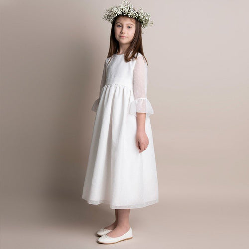 IVORY DRESS WITH EMBROIDERED DOTS WITH BINDING (TARA) - CottonKids.ie - Dresses - 11-12 year - 7-8 year - 9-10 year