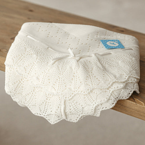 Ivory Knitted Christening Baby Blanket Shawl (SARDON) - CottonKids.ie - Blanket - Blankets - Sardon - Sleeping Accessories