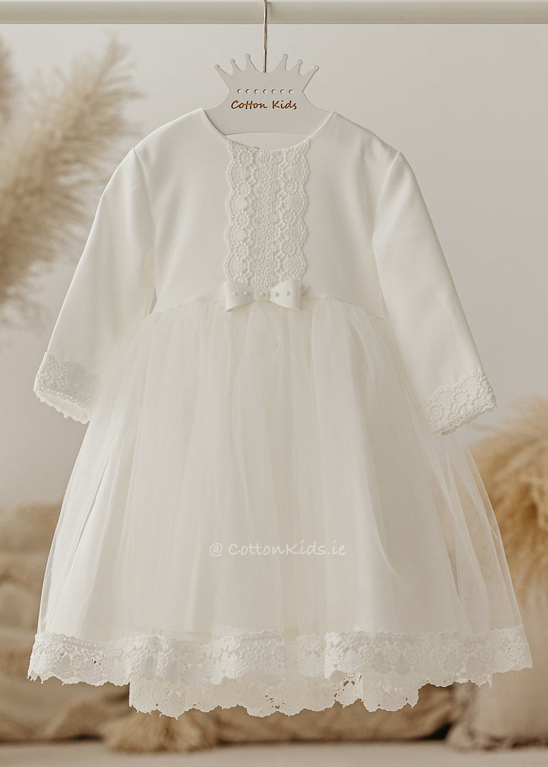 IVORY Lace Tulle Christening Dress - Long Sleeve CottonKids.ie IVORY Lace Tulle Christening Dress - Long Sleeve CottonKids.ie