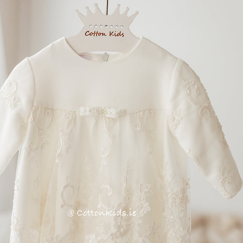 IVORY Long Sleeve Christening Gown Decorated With Beads (QUEEN) - CottonKids.ie - Dress - 0-1 month - 1-2 month - 12 month