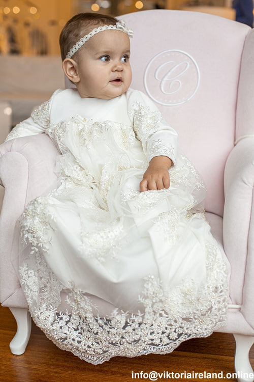 Long Sleeve Christening Gown Decorated With Beads Ireland