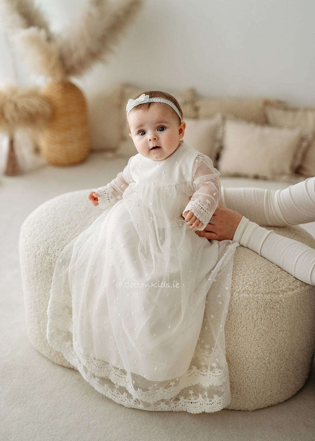 fitted lace wedding dress Long Sleeve Christening Gown Decorated With Beads Ireland – CottonKids.ie