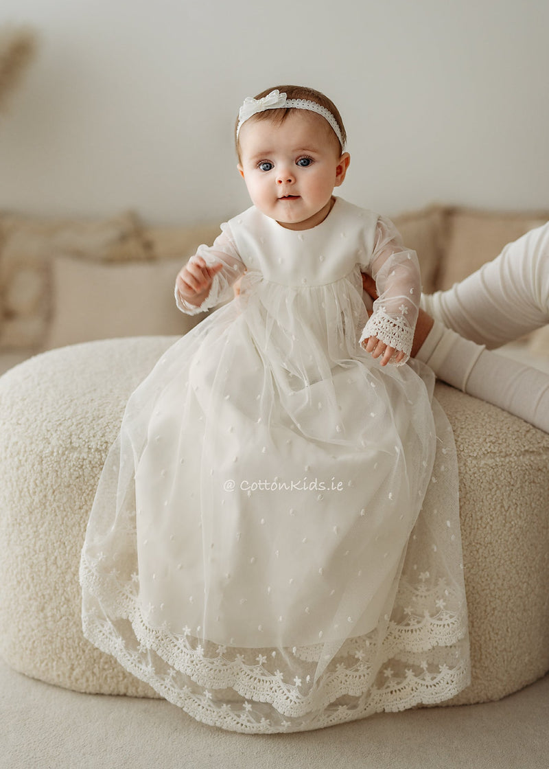 Long Sleeve Christening Gown Decorated With Beads Ireland CottonKids.ie Long Sleeve Christening Gown Decorated With Beads Ireland CottonKids.ie