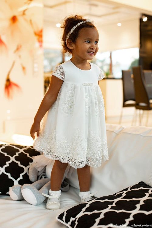 IVORY Short Sleeve Christening Dress Beads And Lace (Leyla) - CottonKids.ie - Dress - 0-1 month - 1-2 month - 12 month