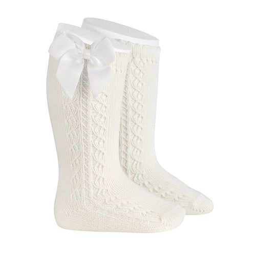 IVORY Side Openwork Warm Cotton Knee Socks With Bow (Condor) - CottonKids.ie - 12 month - 18 month - 2 year