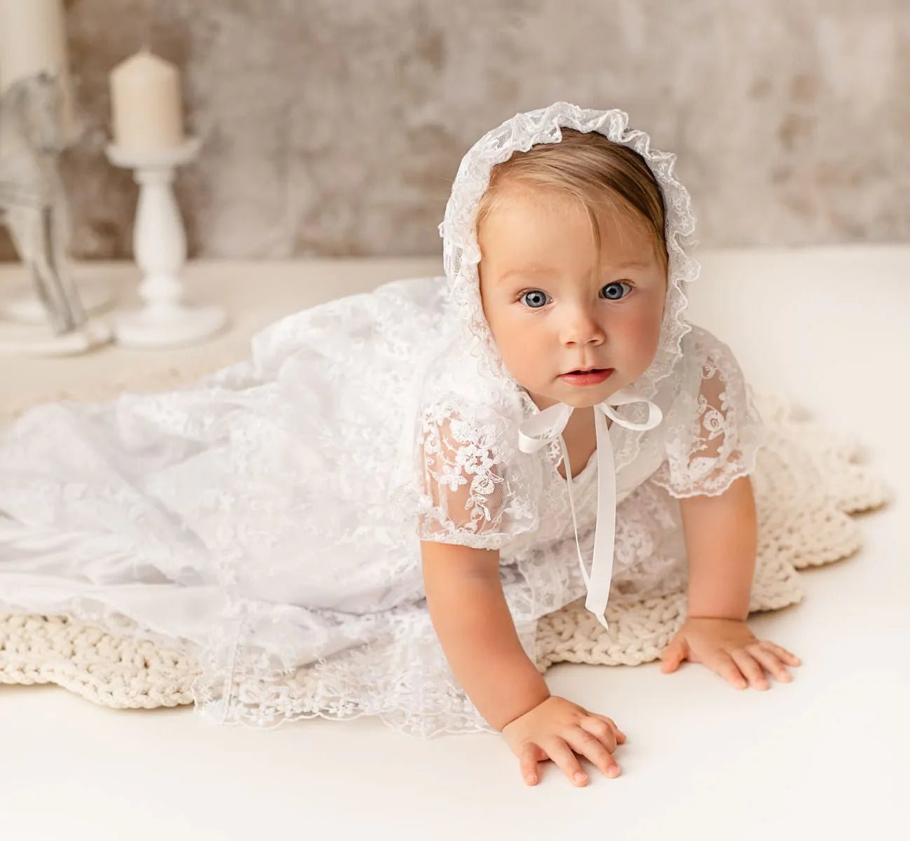 Lace Christening Gown with Bonnet - Rosalba – Elena Collection
