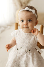 White Cotton Christening Occasion Wear Dress With Flower Waist (Natalya) - CottonKids.ie - Dress - 12 month - 18 month - 3 month