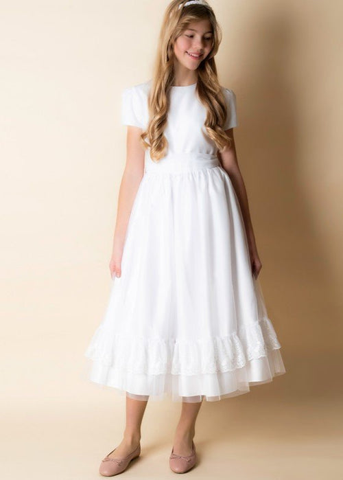 WHITE FIRST COMMUNION DRESS WITH DECORATIVE LACE ( K21 ) - CottonKids.ie - Dresses - 11-12 year - 7-8 year - 9-10 year