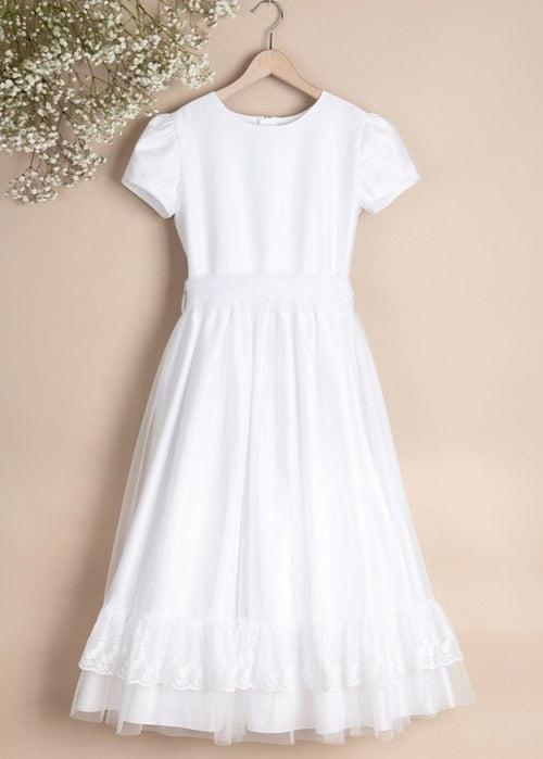 WHITE FIRST COMMUNION DRESS WITH DECORATIVE LACE ( K21 ) - CottonKids.ie - Dresses - 11-12 year - 7-8 year - 9-10 year