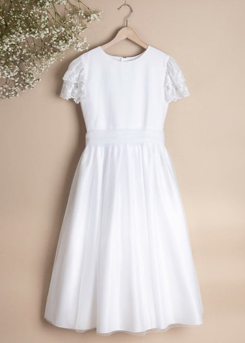 WHITE FIRST COMMUNION DRESS WITH LACE SLEEVES ( K20 ) - CottonKids.ie - Dresses - 11-12 year - 7-8 year - 9-10 year