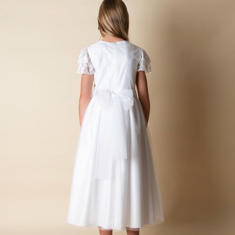 WHITE FIRST COMMUNION DRESS WITH LACE SLEEVES ( K20 ) - CottonKids.ie - Dresses - 11-12 year - 7-8 year - 9-10 year