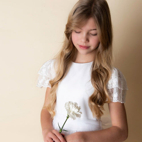 WHITE FIRST COMMUNION DRESS WITH LACE SLEEVES ( K20 ) - CottonKids.ie - Dresses - 11-12 year - 7-8 year - 9-10 year
