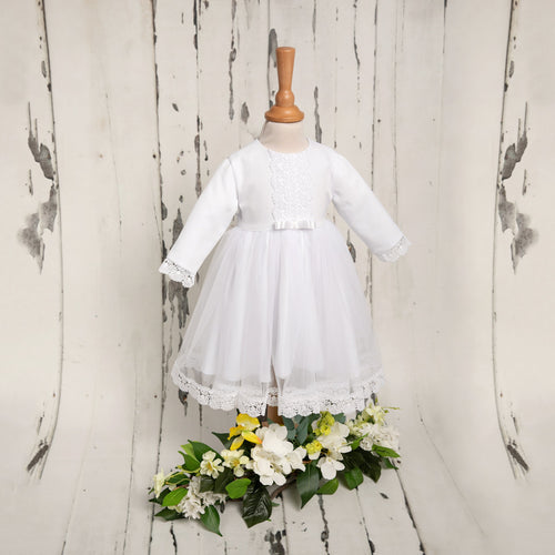 WHITE LACE TULLE DRESS FOR CHRISTENING LONG SLEEVE (ANNA) - CottonKids.ie - Dress - 0-1 month - 1-2 month - 12 month