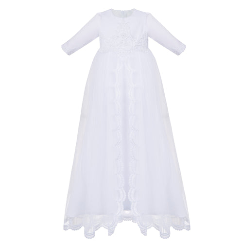 WHITE Long Style Christening Gown, Dress Long Sleeve (ALICE) - CottonKids.ie - Dress - 0-1 month - 1-2 month - 12 month