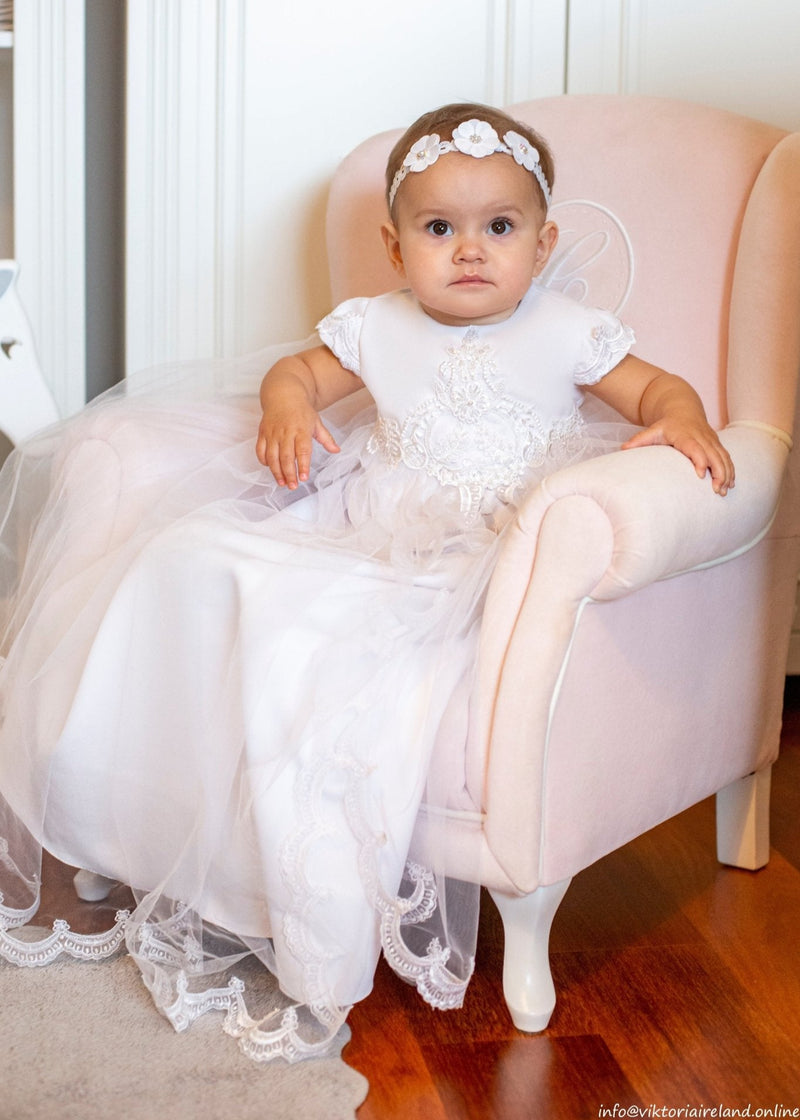 WHITE Short Sleeve Christening Gown, Dress (ALICE)