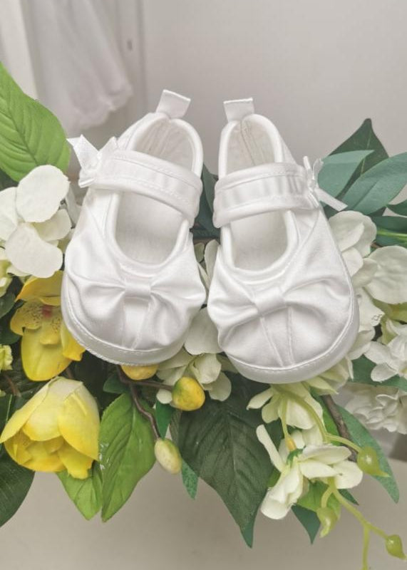 WHITE Newborn Girl Satin Christening Booties – - Main Image