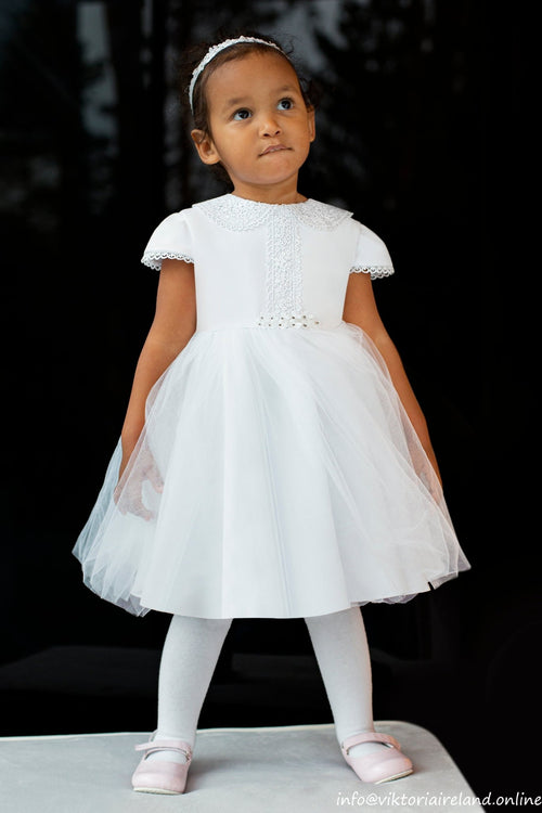 WHITE TULLE CHRISTENING DRESS, WITH COLLAR (OLIVIA) - CottonKids.ie - Dress - 0-1 month - 1-2 month - 12 month